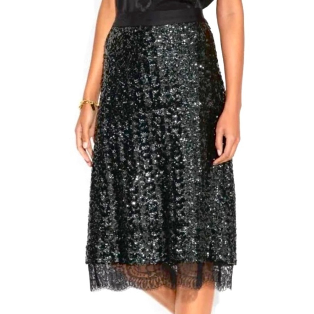 COACH 1941 Full Sequin Midi Skirt Lace Trim Holiday Party Designer Luxury 2